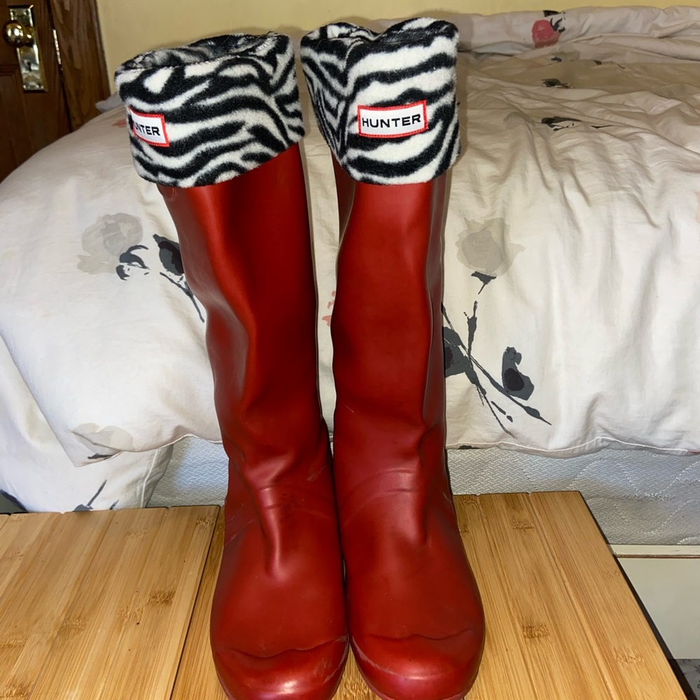Hunter Women's Red Boots with Zebra Pattern Cuff